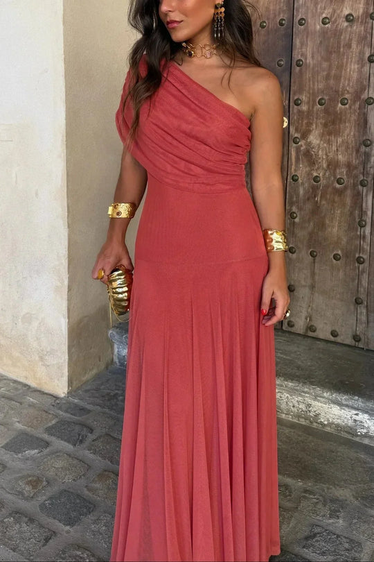 Women's Elegant One-Shoulder Ruched Maxi Evening Dress
