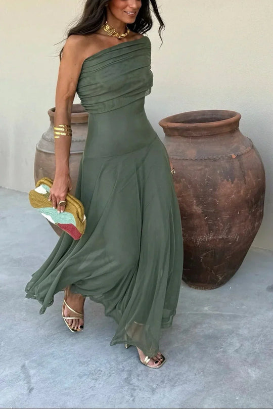 Women's Elegant One-Shoulder Ruched Maxi Evening Dress