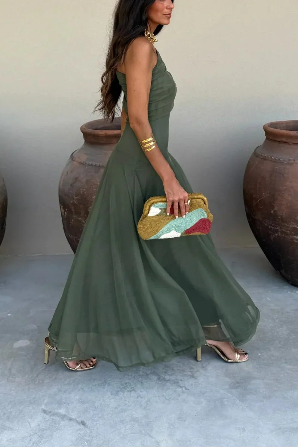 Women's Elegant One-Shoulder Ruched Maxi Evening Dress