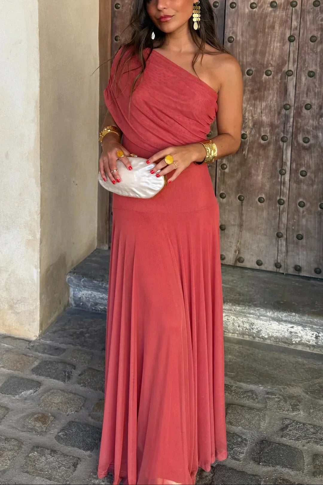 Women's Elegant One-Shoulder Ruched Maxi Evening Dress