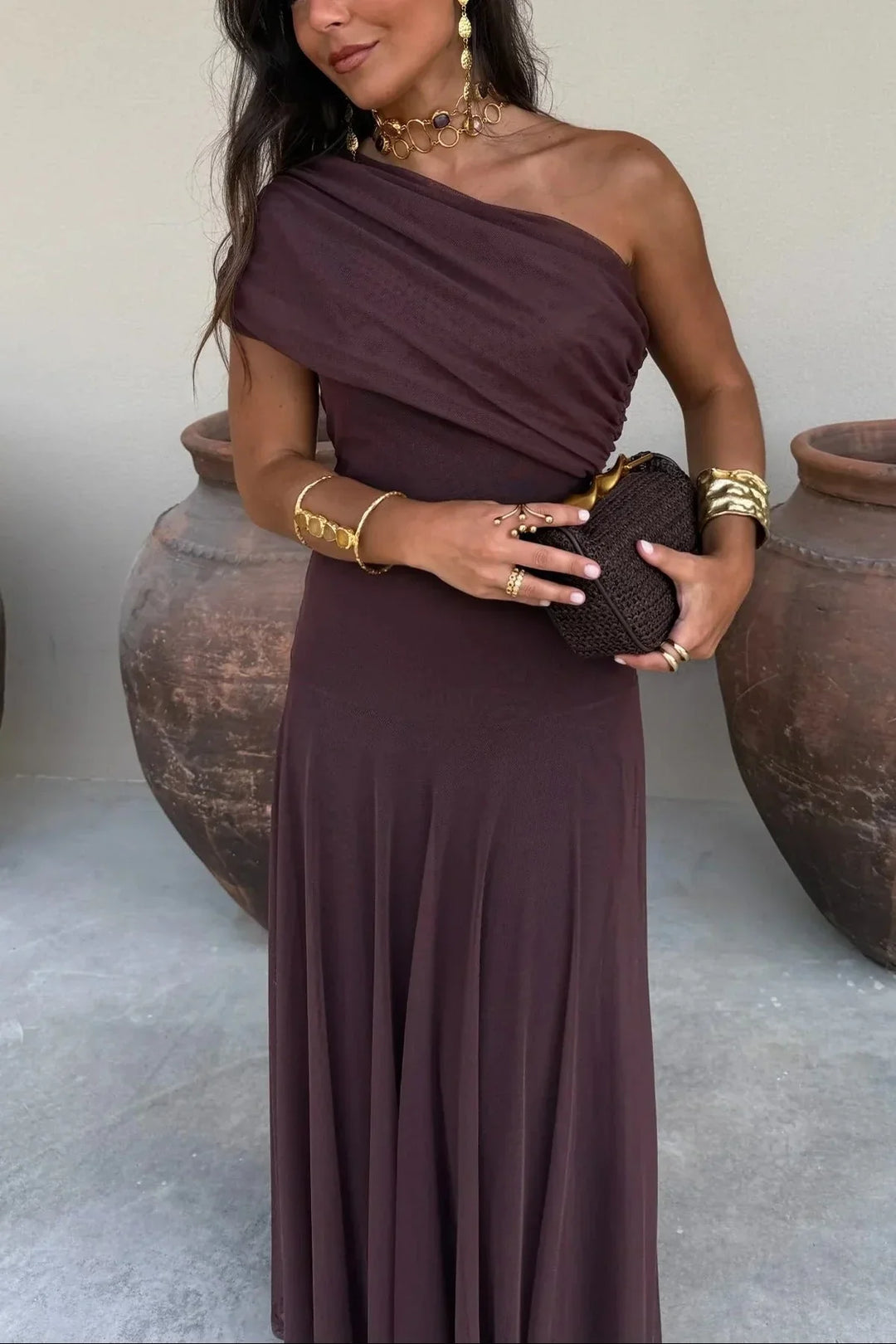 Women's Elegant One-Shoulder Ruched Maxi Evening Dress