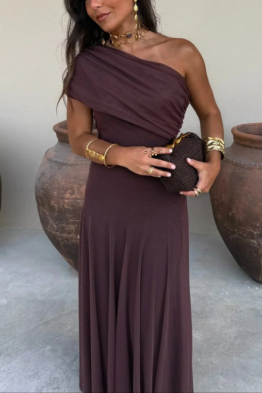 Women's Elegant One-Shoulder Ruched Maxi Evening Dress