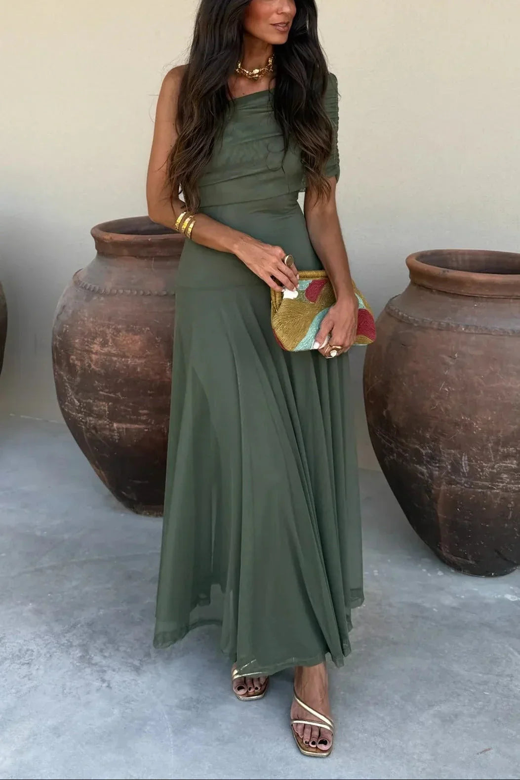 Women's Elegant One-Shoulder Ruched Maxi Evening Dress