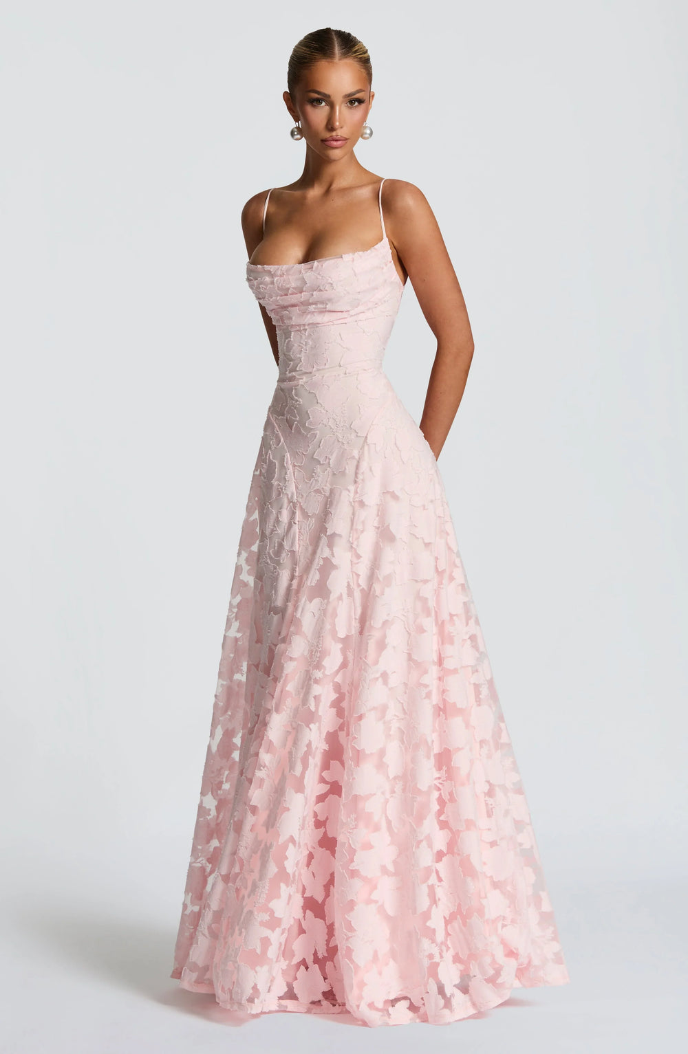Women's Floral Jacquard Cowl Neck Maxi Evening Dress