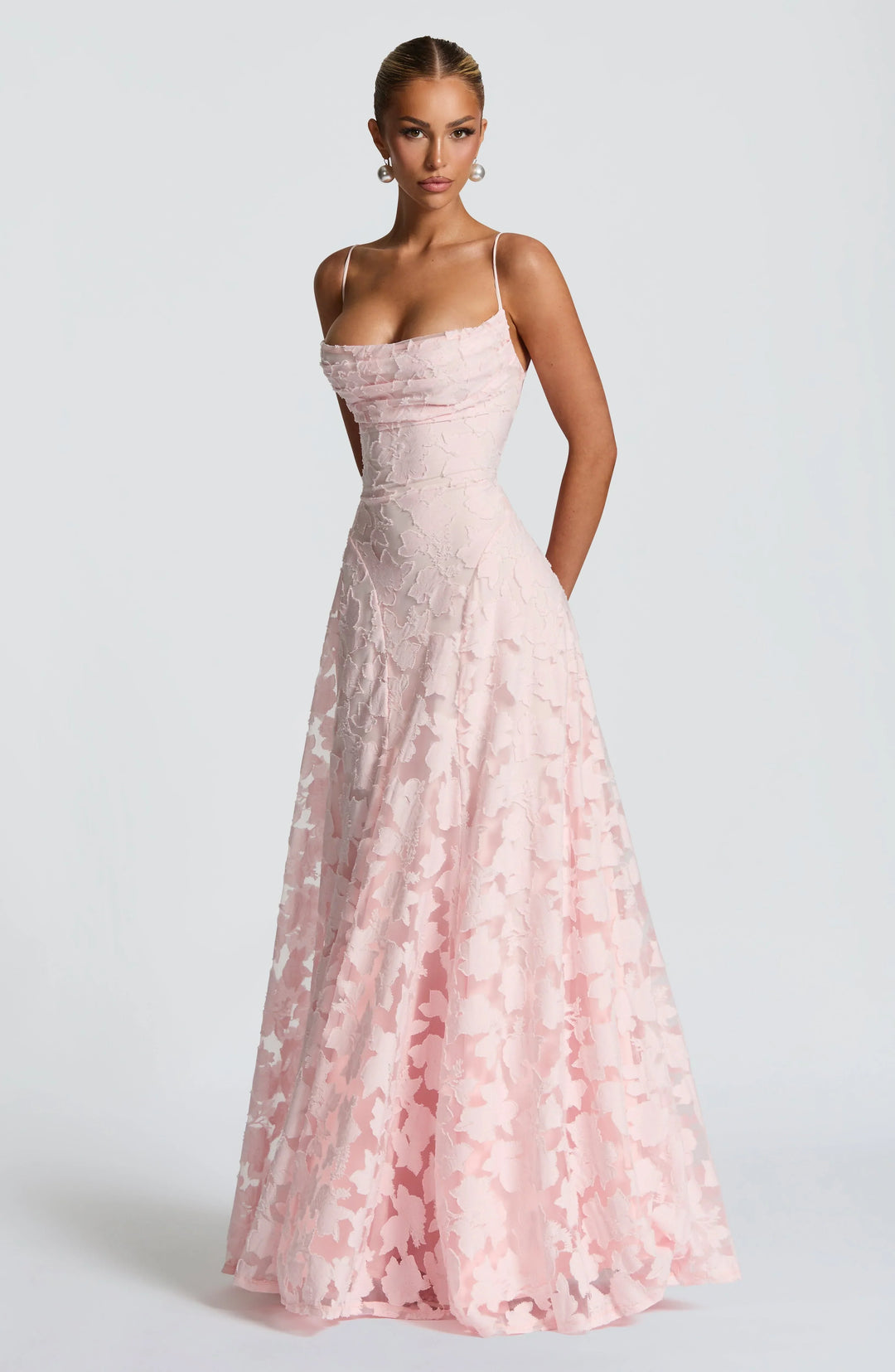Women's Floral Jacquard Cowl Neck Maxi Evening Dress