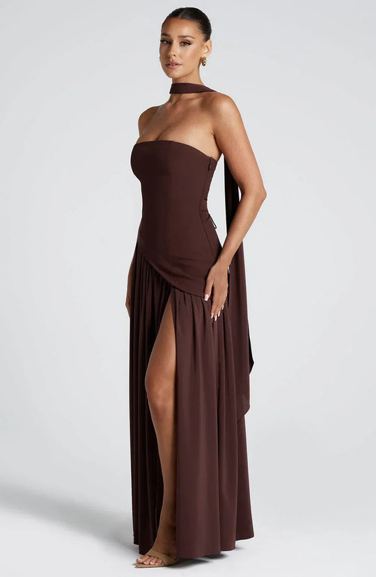 Women's Strapless Scarf-Neck High-Slit Maxi Evening Dress