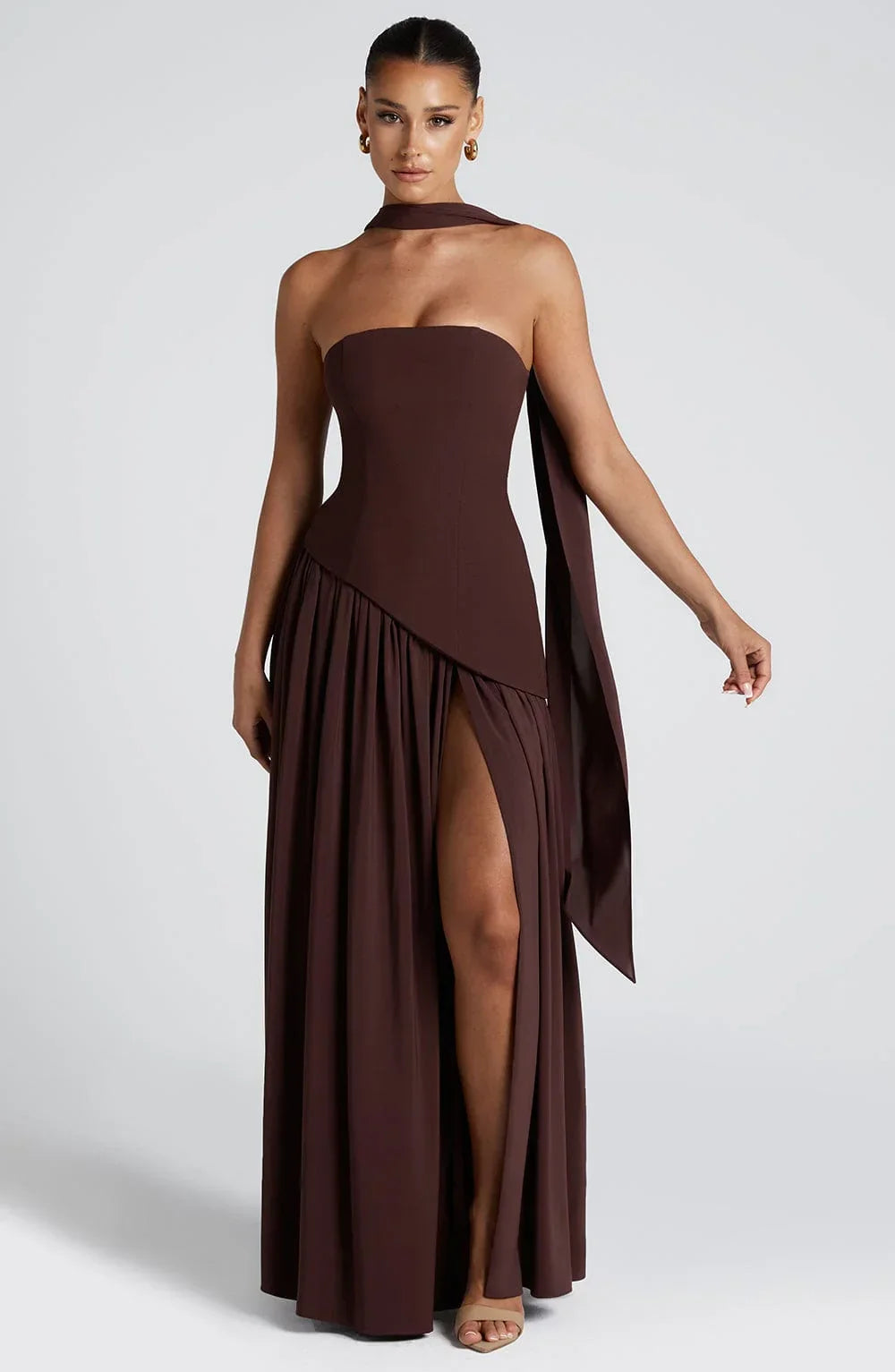 Women's Strapless Scarf-Neck High-Slit Maxi Evening Dress