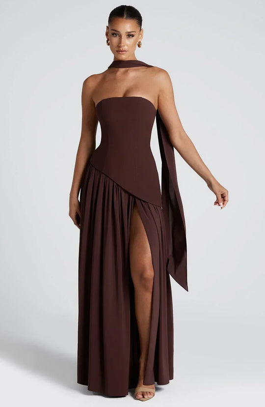 Women's Strapless Scarf-Neck High-Slit Maxi Evening Dress