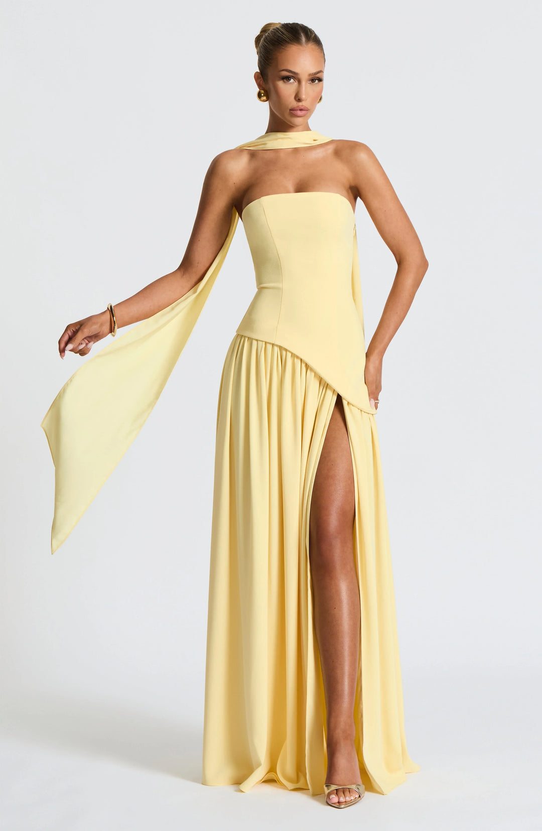 Women's Strapless Scarf-Neck High-Slit Maxi Evening Dress