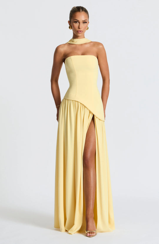 Women's Strapless Scarf-Neck High-Slit Maxi Evening Dress