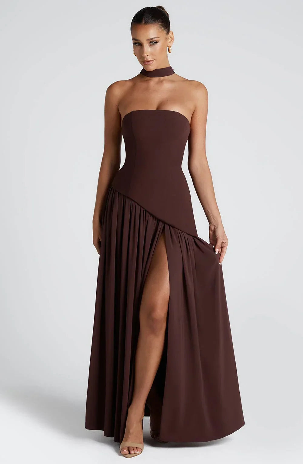 Women's Strapless Scarf-Neck High-Slit Maxi Evening Dress