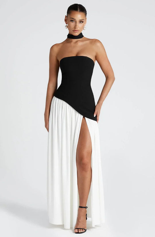 Women's Strapless Scarf-Neck High-Slit Maxi Evening Dress