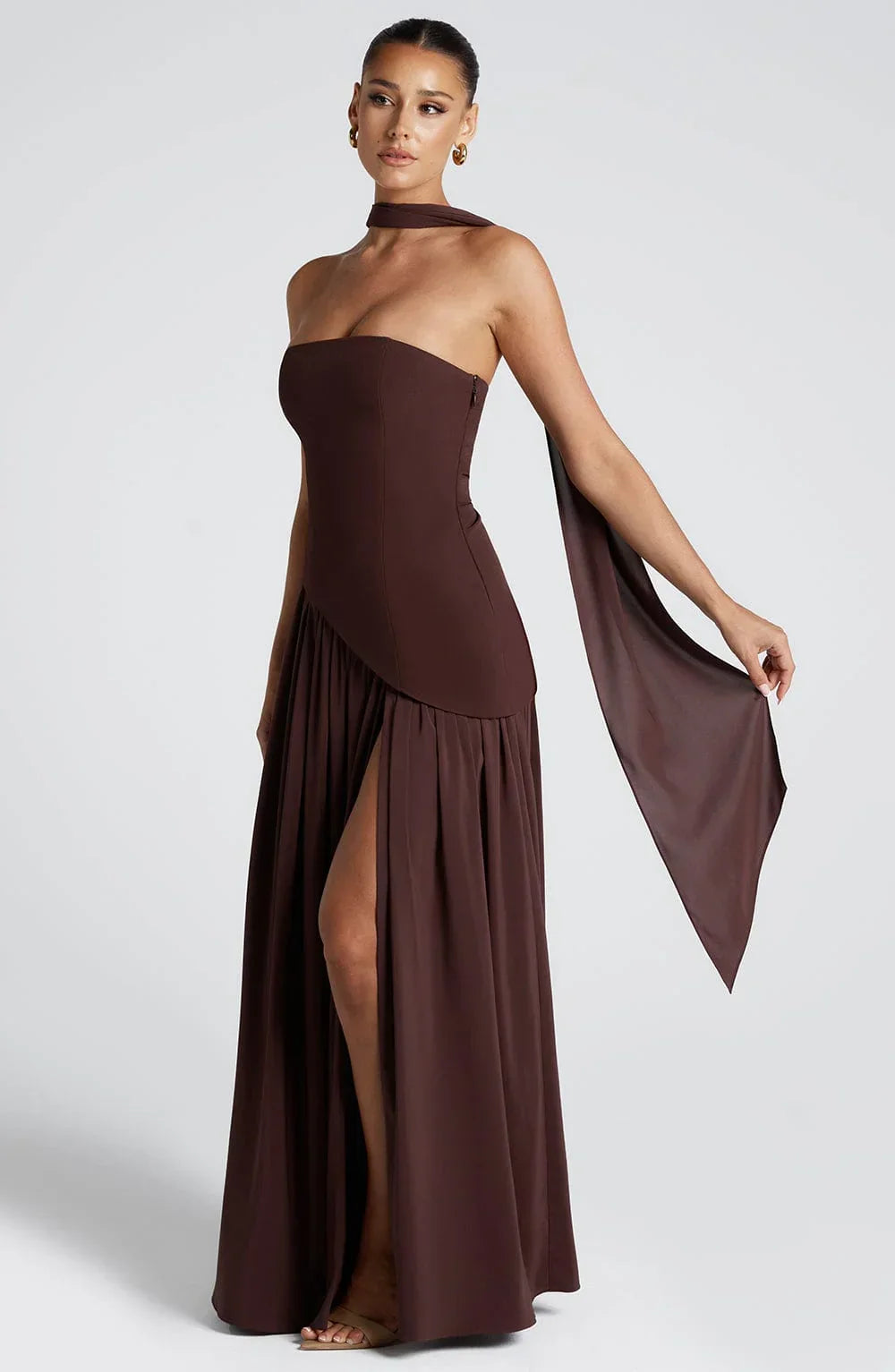 Women's Strapless Scarf-Neck High-Slit Maxi Evening Dress