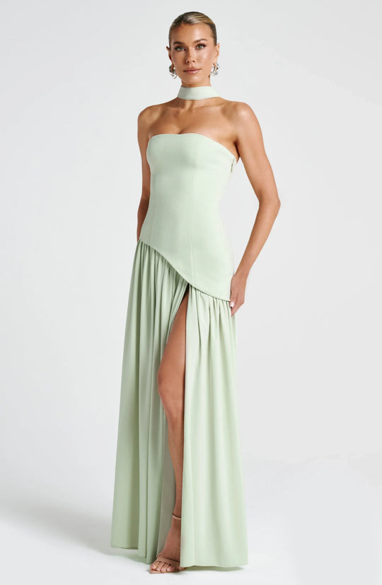 Women's Strapless Scarf-Neck High-Slit Maxi Evening Dress