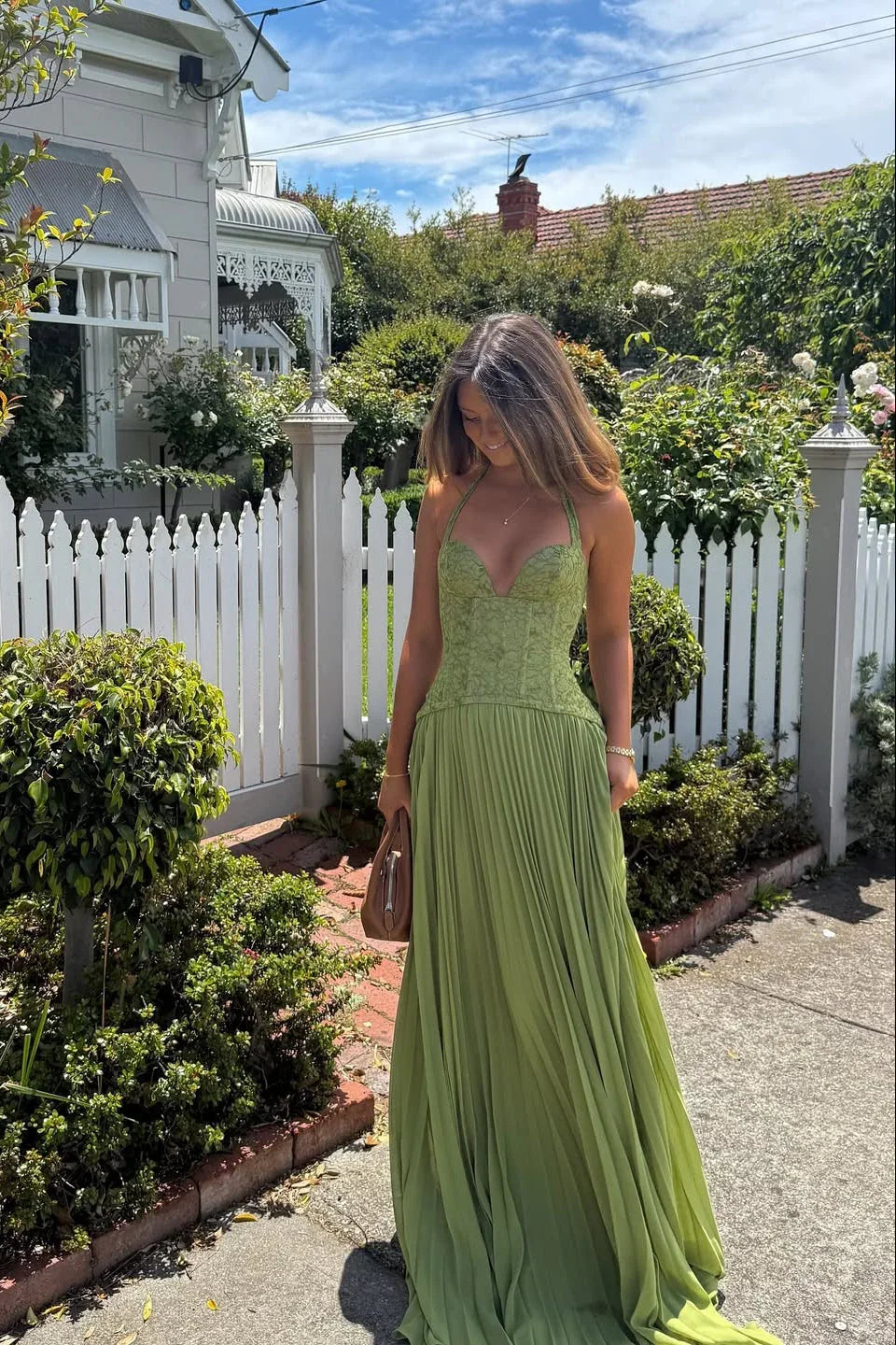 Women's Lace Corset Pleated Halter Maxi Evening Dress