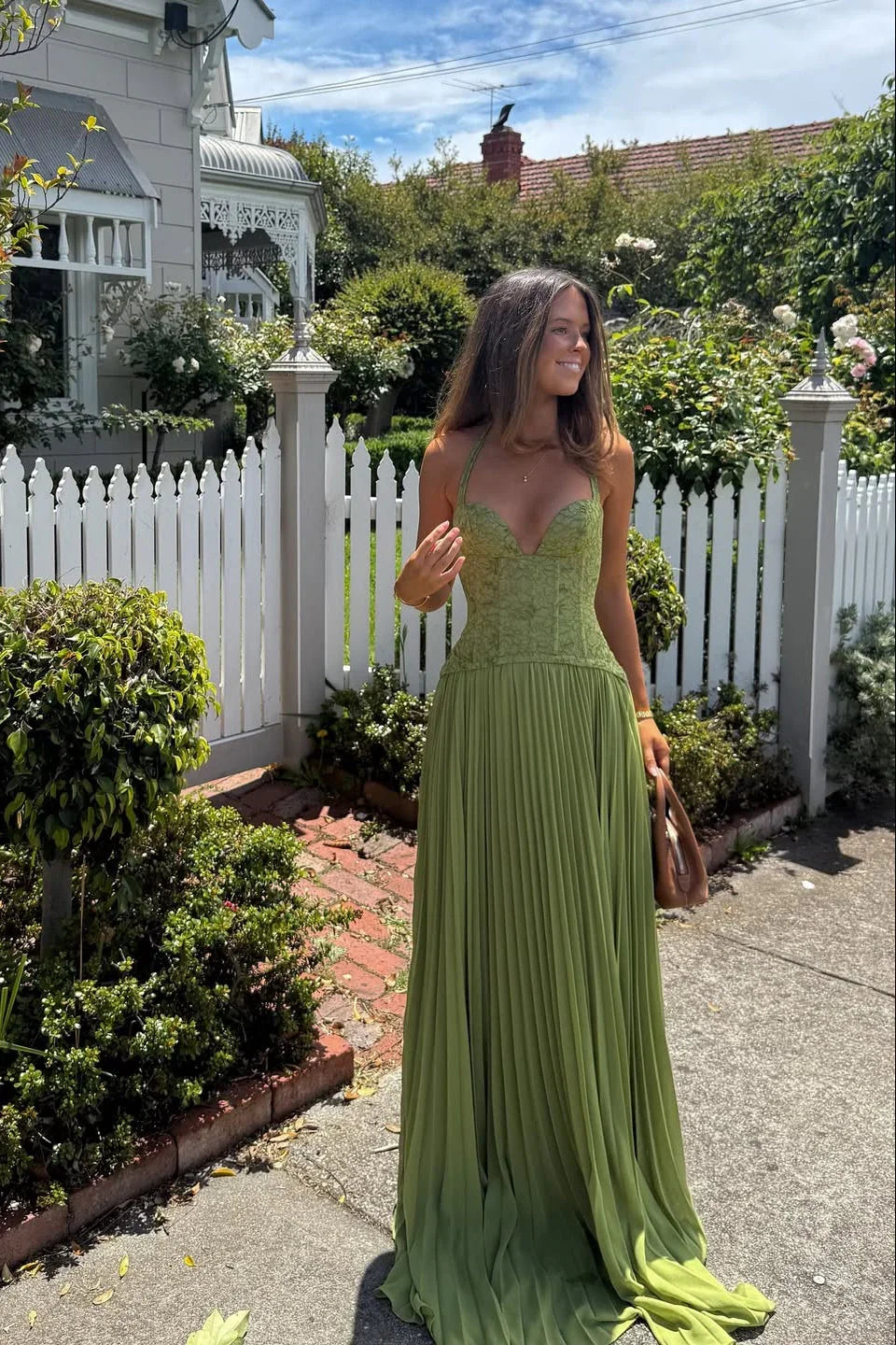 Women's Lace Corset Pleated Halter Maxi Evening Dress