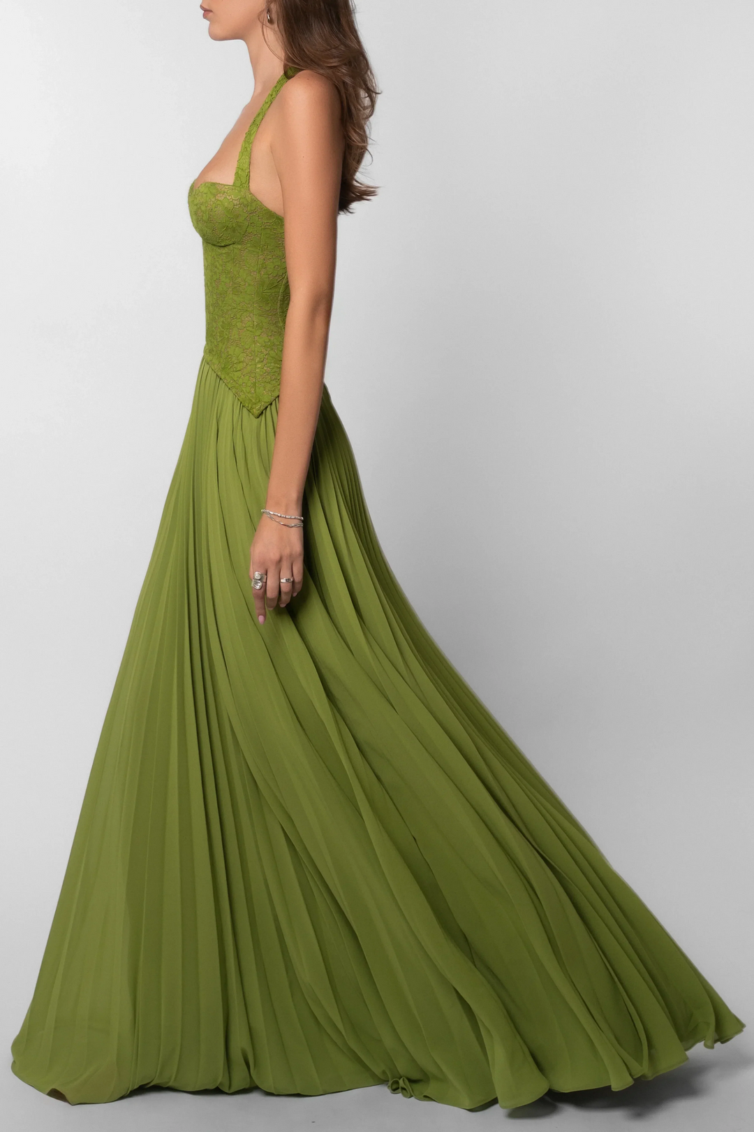 Women's Lace Corset Pleated Halter Maxi Evening Dress