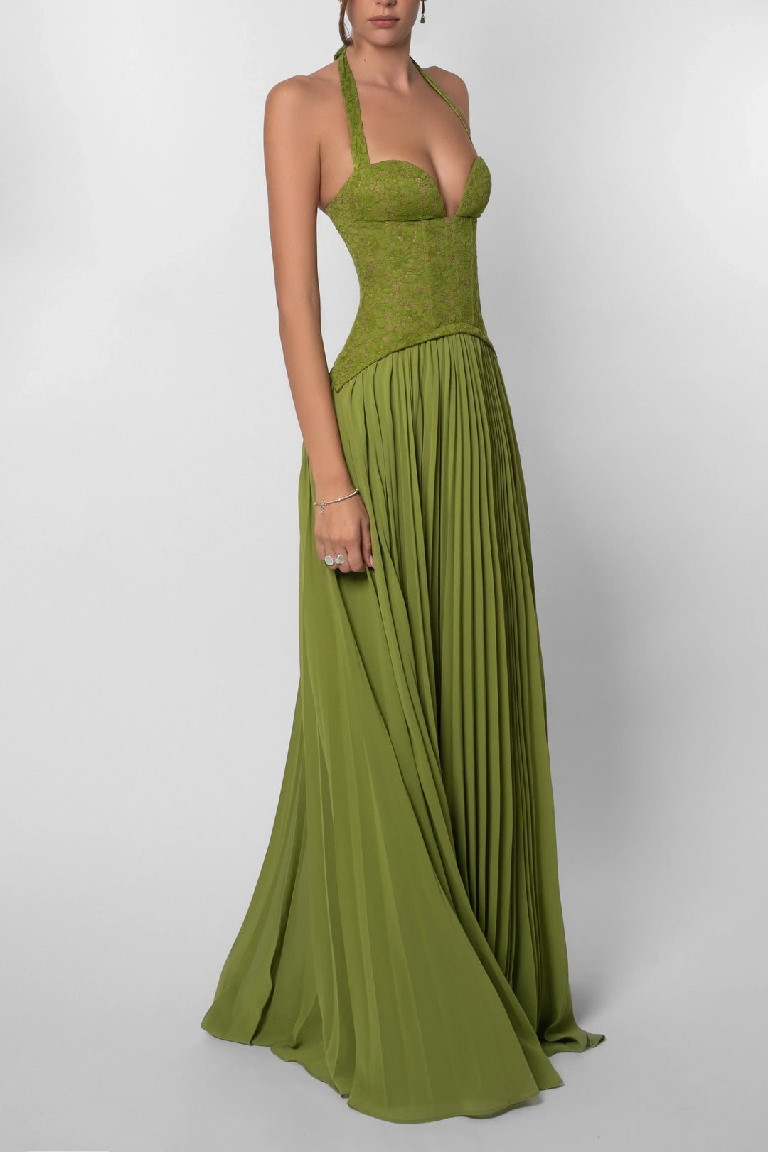 Women's Lace Corset Pleated Halter Maxi Evening Dress