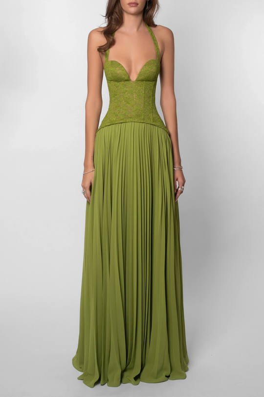 Women's Lace Corset Pleated Halter Maxi Evening Dress