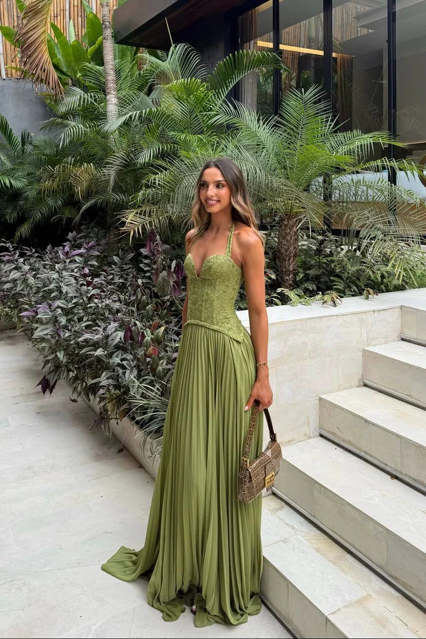 Women's Lace Corset Pleated Halter Maxi Evening Dress