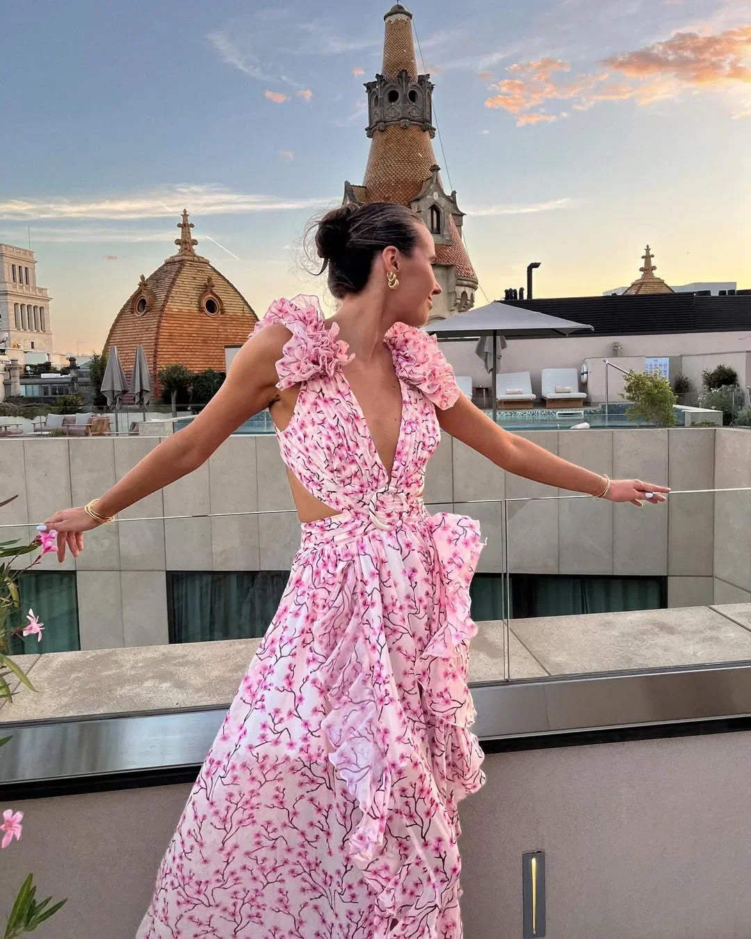 Women's Floral Ruffle Deep V-Neck Maxi Dress
