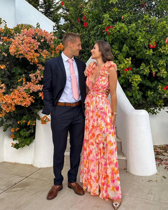 Women's Floral Ruffle Deep V-Neck Maxi Dress