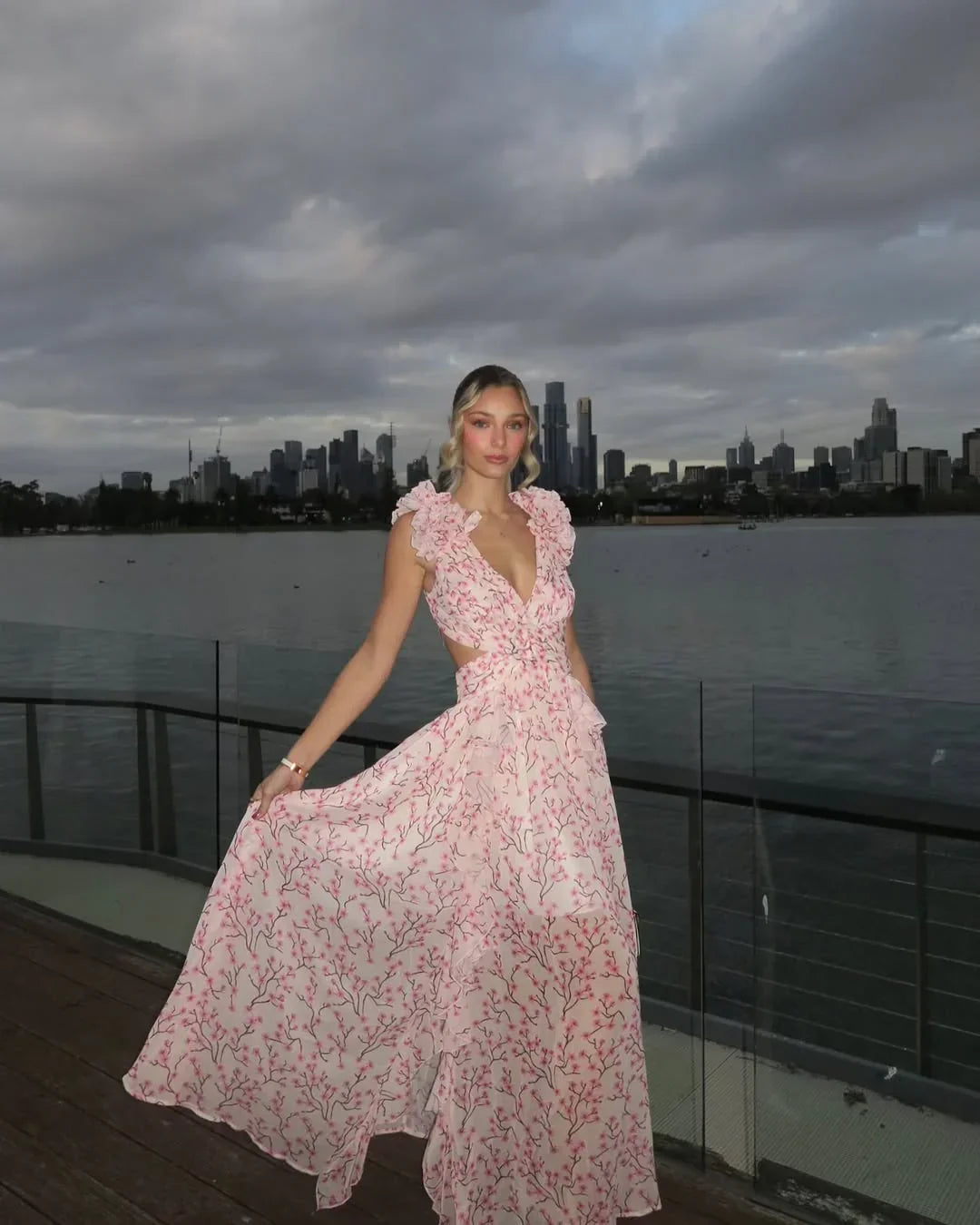 Women's Floral Ruffle Deep V-Neck Maxi Dress
