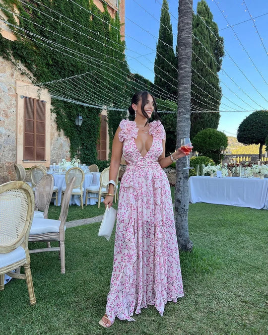 Women's Floral Ruffle Deep V-Neck Maxi Dress