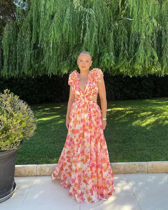 Women's Floral Ruffle Deep V-Neck Maxi Dress