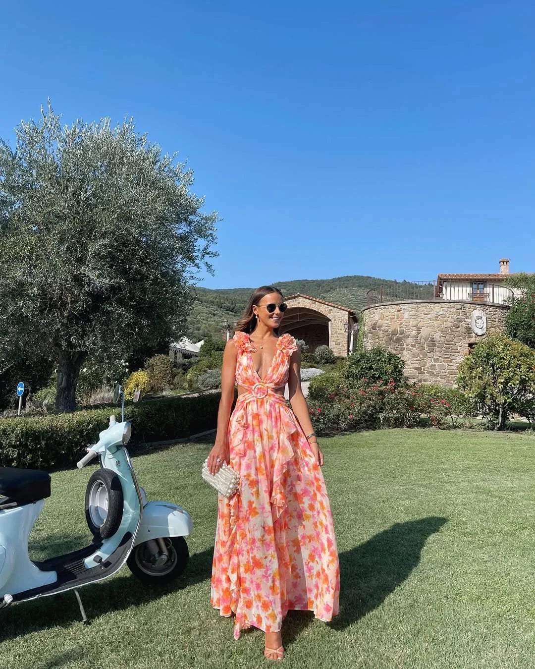 Women's Floral Ruffle Deep V-Neck Maxi Dress