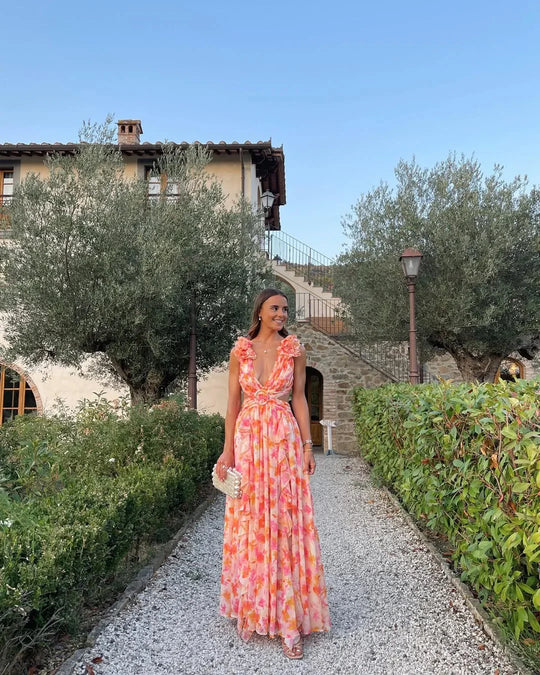 Women's Floral Ruffle Deep V-Neck Maxi Dress