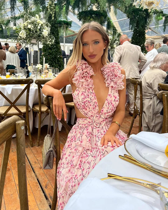 Women's Floral Ruffle Deep V-Neck Maxi Dress