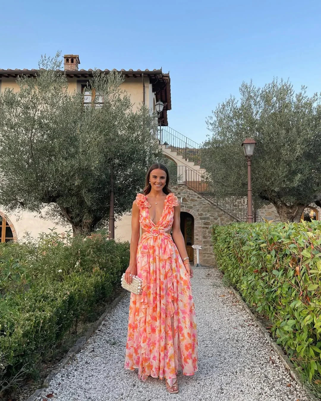 Women's Floral Ruffle Deep V-Neck Maxi Dress
