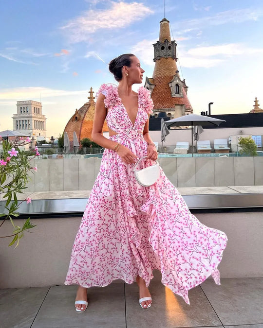 Women's Floral Ruffle Deep V-Neck Maxi Dress