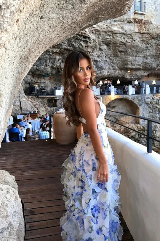 Women's Watercolor Floral Ruffle Maxi Dress
