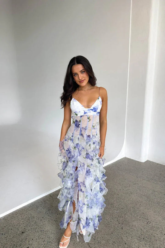 Women's Watercolor Floral Ruffle Maxi Dress