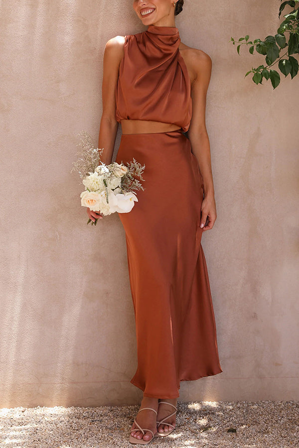 Women's Elegant Satin Halter Crop Top & Maxi Skirt Set