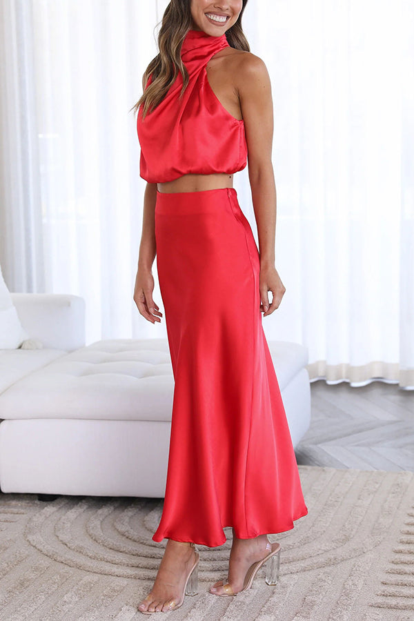 Women's Elegant Satin Halter Crop Top & Maxi Skirt Set