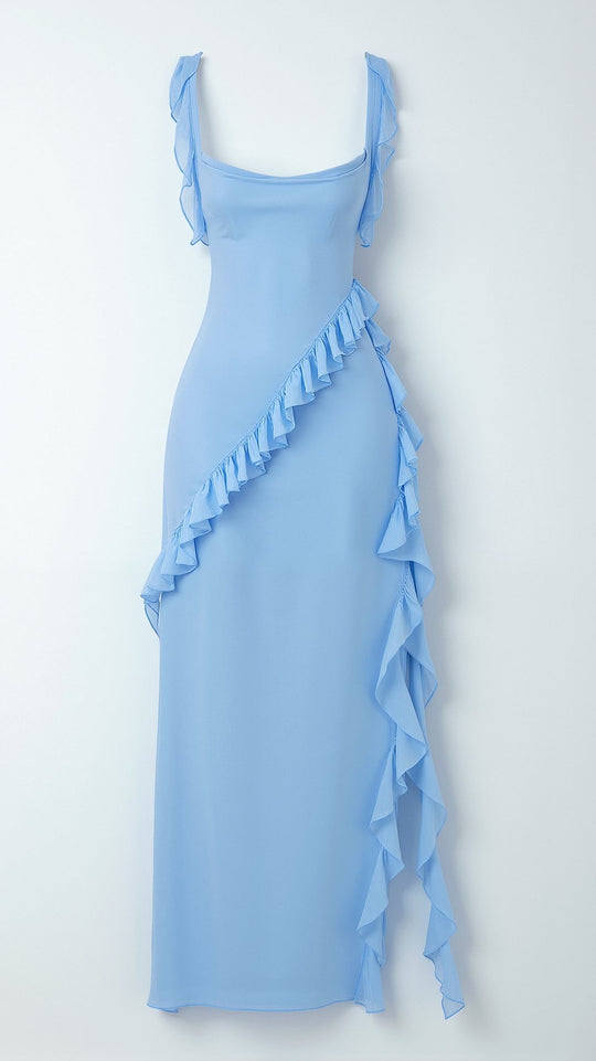 Women's Ruffle Trim Square Neck Maxi Dress with High Side Split