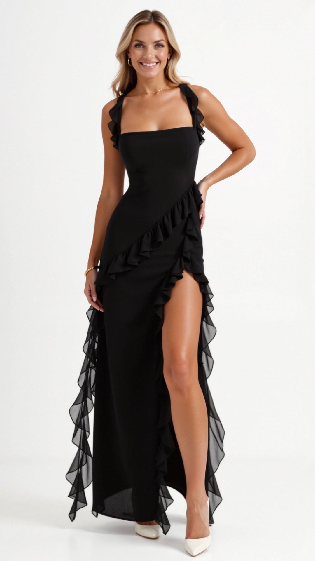 Women's Ruffle Trim Square Neck Maxi Dress with High Side Split