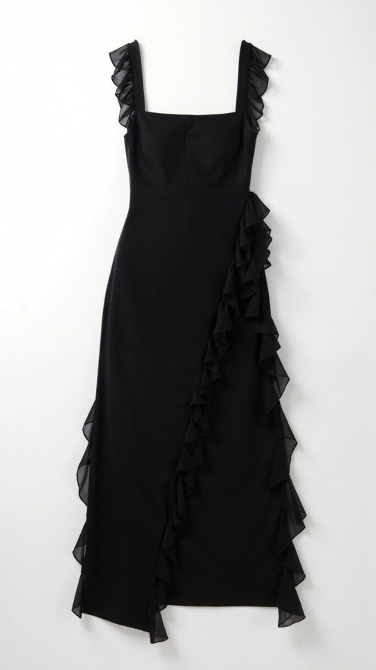 Women's Ruffle Trim Square Neck Maxi Dress with High Side Split
