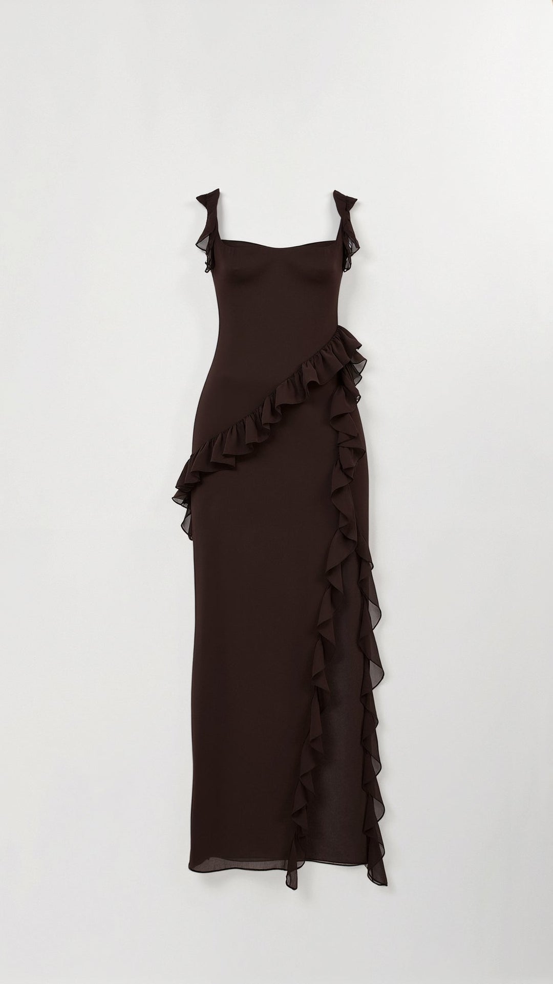 Women's Ruffle Trim Square Neck Maxi Dress with High Side Split