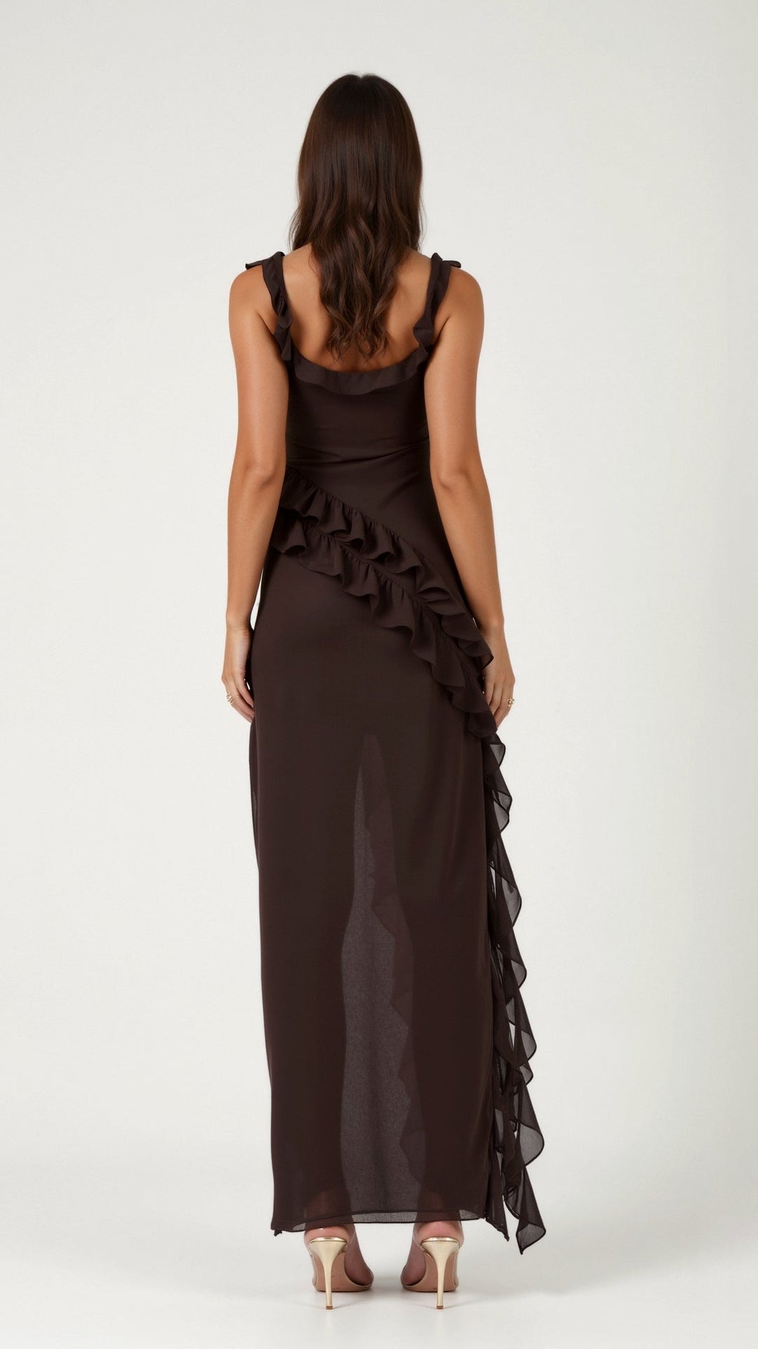 Women's Ruffle Trim Square Neck Maxi Dress with High Side Split