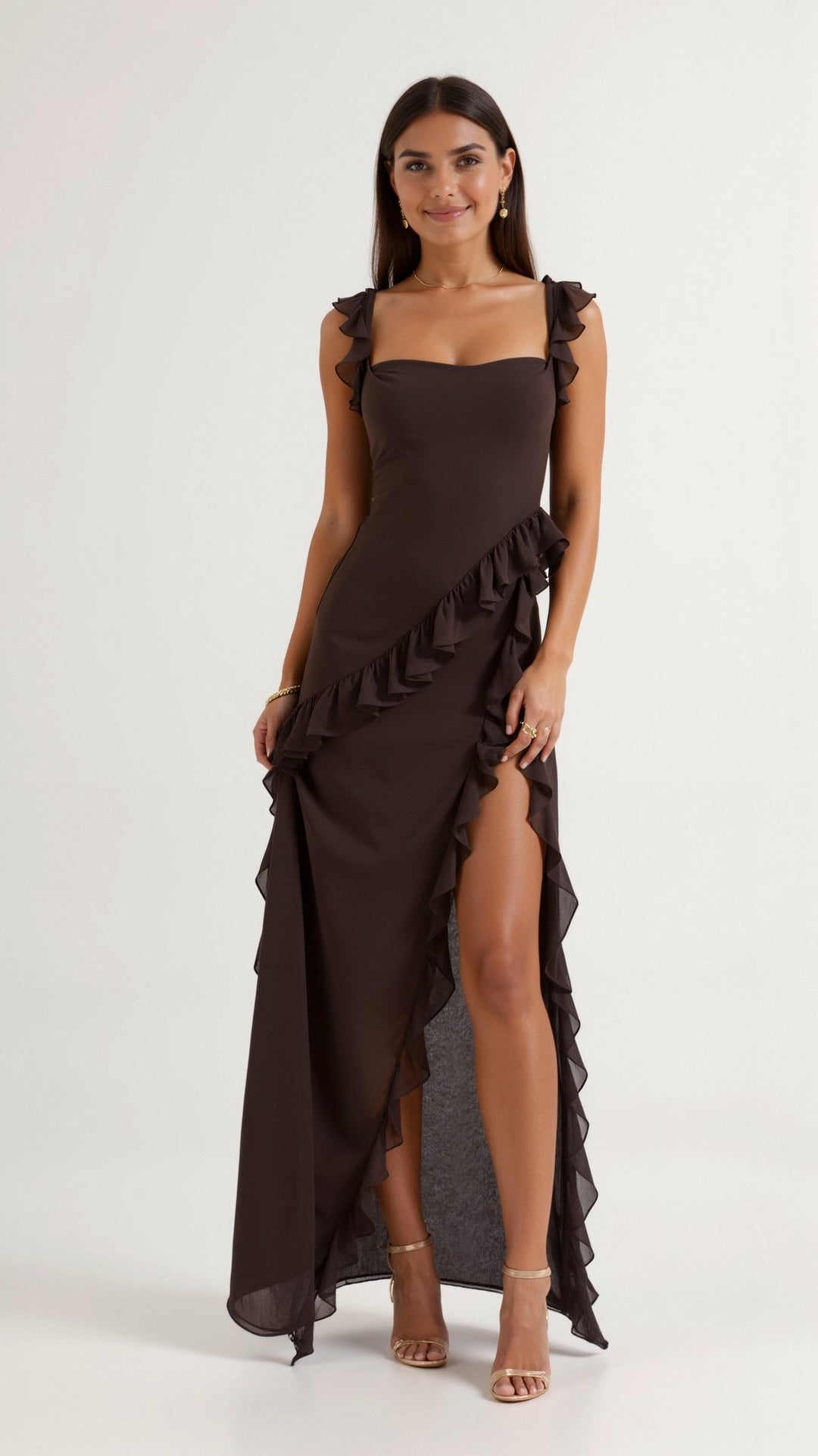 Women's Ruffle Trim Square Neck Maxi Dress with High Side Split