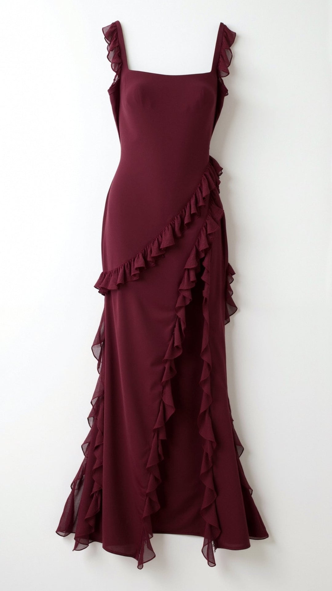 Women's Ruffle Trim Square Neck Maxi Dress with High Side Split