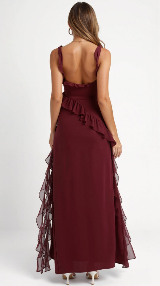Women's Ruffle Trim Square Neck Maxi Dress with High Side Split