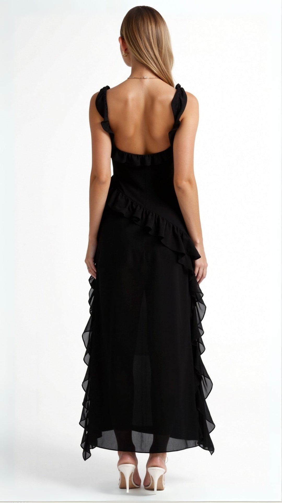 Women's Ruffle Trim Square Neck Maxi Dress with High Side Split