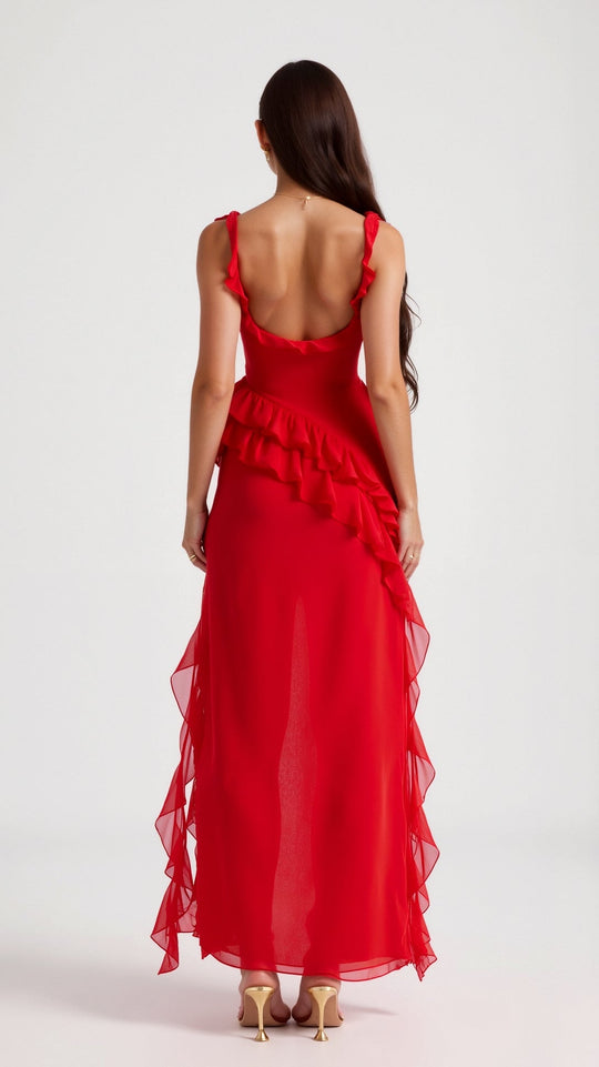Women's Ruffle Trim Square Neck Maxi Dress with High Side Split