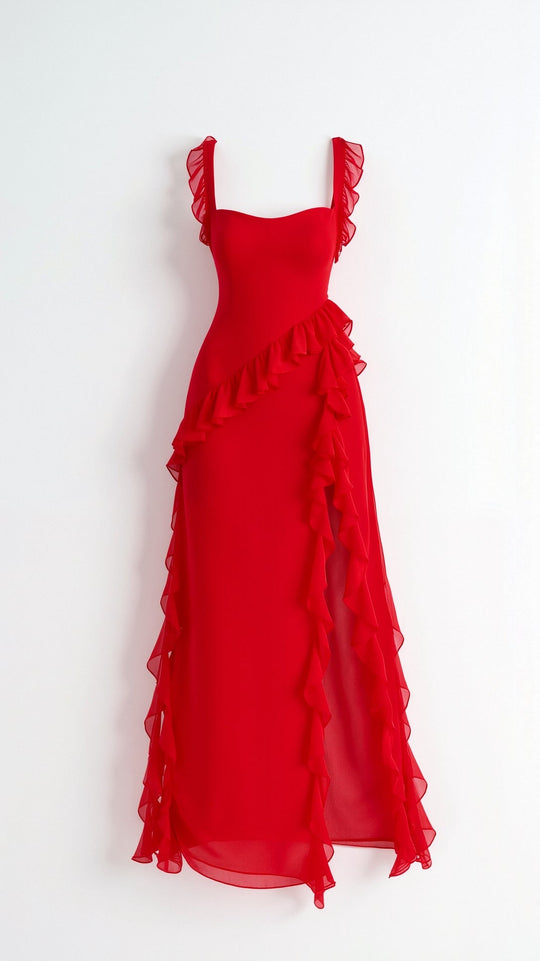 Women's Ruffle Trim Square Neck Maxi Dress with High Side Split