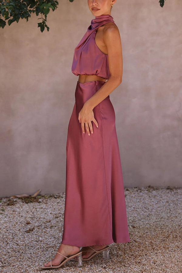Women's Elegant Satin Halter Crop Top & Maxi Skirt Set
